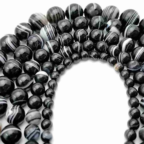 5 perles agate noire striée - 10 mm - noir / blanc - agate noire à rayures - pierres gemmes - rondes (agnp10-2)