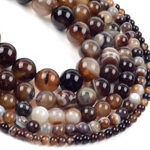 20 perles agate brune rayée coffee stripe - 4 mm - agate brune café -  marron à rayures  - pierres gemmes - rondes (agbcs04-1)