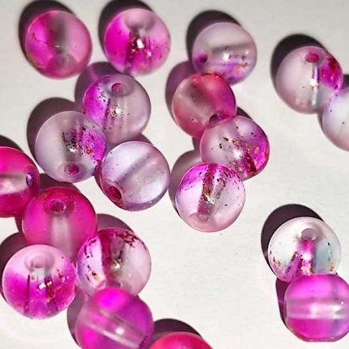 10 perles en verre givré dépoli - 6 mm - bicolores - fuchsia rose / cristal - mattes - rondes - perles givrées dépolies (pvg06bfc)