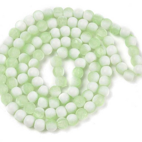 20 perles en verre givré craquelé - 6 mm - bicolores - vert pâle / blanc - mattes - opaques - rondes - perles givrées dépolies