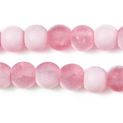 10 perles en verre givré craquelé - 6 mm - bicolores - rouge pâle / blanc - mattes - opaques - rondes - perles givrées dépolies