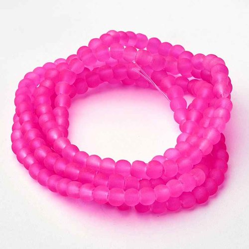 50 perles en verre givré dépoli - 4 mm - fuchsia - mattes - rondes - perles givrées dépolies (pvg04f)