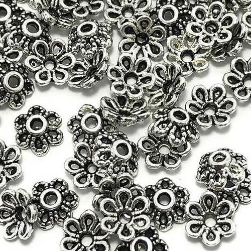 10 coupelles de perles - 6 x 3 mm - argent vieilli - style tibetan silver - fleur antique - calottes - intercalaires - (cpfa06ts)