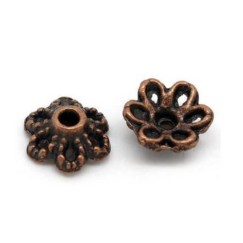10 coupelles de perles - 6 x 3 mm - cuivre vieilli - fleur antique - calottes - perles intercalaires - (cpfa06c)