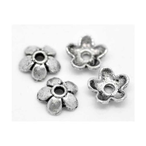 20 coupelles de perles  - 6 x 6 mm - argent vieilli - style tibetan silver - fleur 5 pétales - calottes - perles intercalaires (cpf06ts)