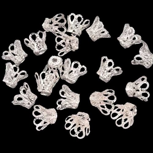 20 coupelles de perles  - 6 x 5 mm - argenté - tulipe filigrane - fleur 4 pétales - cône - calottes - intercalaires (cptf06a)