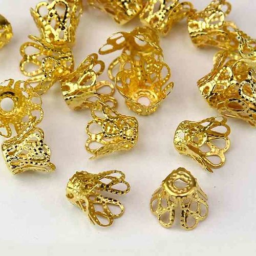10 coupelles de perles  - 6 x 5 mm - doré - tulipe filigrane - fleur 4 pétales - cône - calottes - intercalaires (cptf06d)