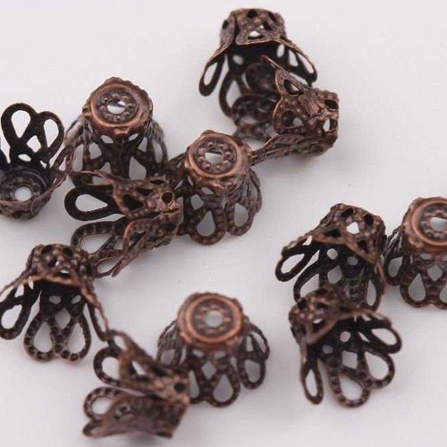 20 coupelles de perles  - 6 x 5 mm - couleur cuivre - tulipe filigrane - fleur 4 pétales - cône - calottes - intercalaires (cptf06cr)