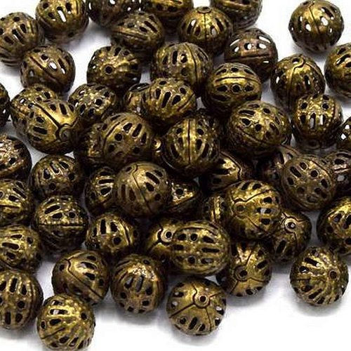 50 perles métal filigranes - 4 mm - couleur bronze vieilli - intercalaires - perles métalliques - rondes (pmf04ba)