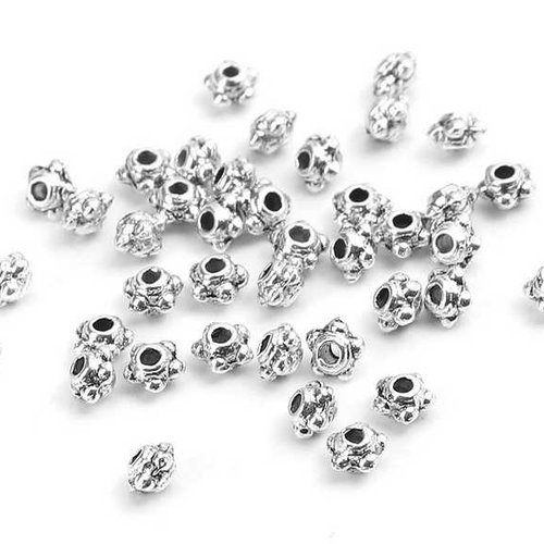 50 perles métal - 4 mm - argent vieilli - tibetan silver - intercalaires - perles métalliques - rondelle fleur (pmrf04ts)