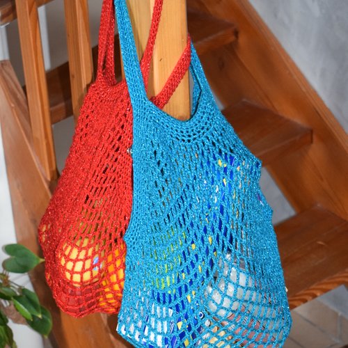 1 kit coton filet à provision ,sac de plage ,etc..petit modèle 4 couleurs au choix au crochet en chainette ak-simli
