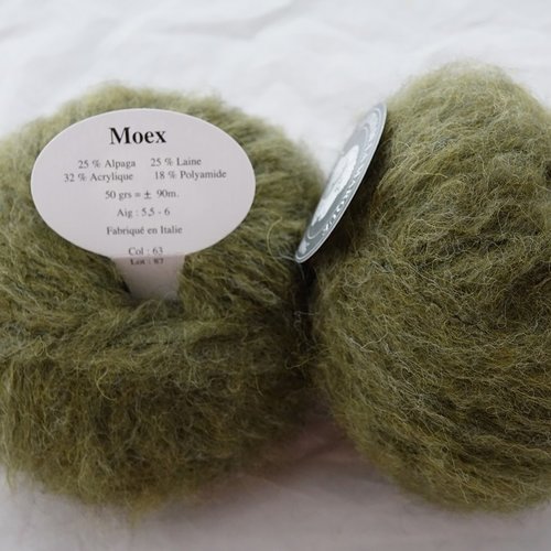 5 pelotes mohair moex  vert olive 63 textiles de la marque avec laine et alpaga