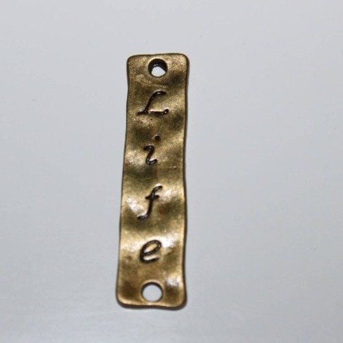 1 breloque, connecteur, forme de plaque life, en metal, ton bronze vieilli, mes 0,8cm x 3,5cm 