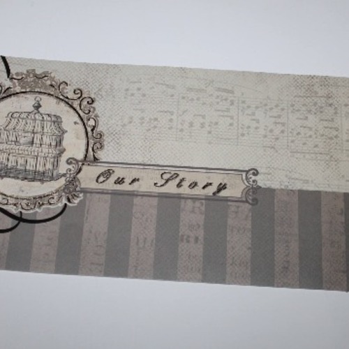 1 bande, decoupe scrapbooking, vintage, sepia, env 30cm de long motifs cage à oiseau notes de musique, rayures,...