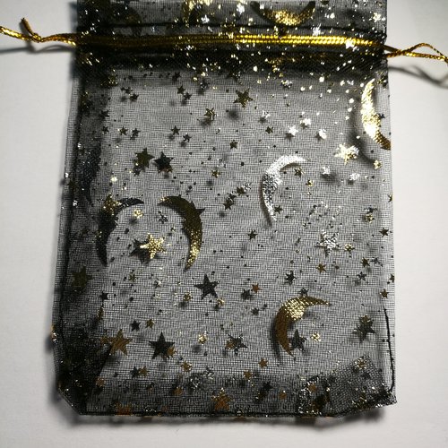 1 pochette organza emballage cadeau couleur noir or doré argent motif etoile lune env 12cm x 9cm env.
