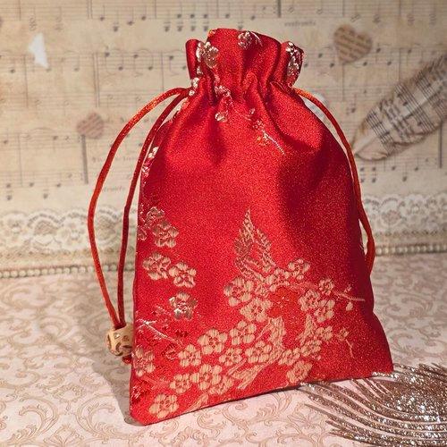 1 lot de 5 pochettes tissu emballage cadeau rouge fleur cerisier env 10 cm x 14 cm