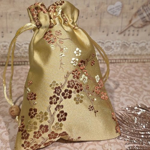 1 lot de 10 pochettes tissu emballage cadeau fleur cerisier env 10 cm x 14 cm jaune