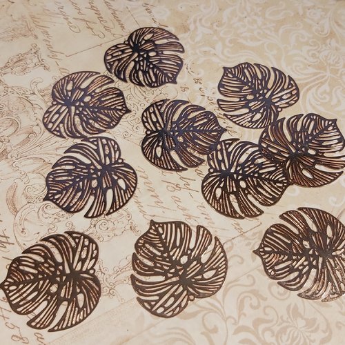 1 lot de 10 pendentifs feuille tropicale arbre monstera ajouré 32 mm laiton doré rose