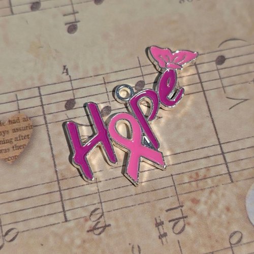 1 pendentif ruban rose papillon message hope 20 mm x 33 mm  laiton tons rose argenté
