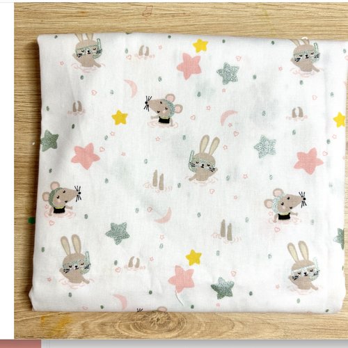 Coupon tissu coton blanc cassé lapin souris 110 cm x 30 cm