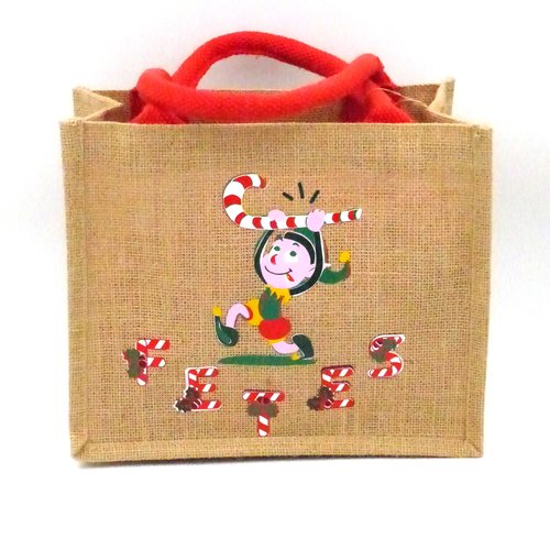 Petit sac en toile de jute thème noël avec de jolis lutins décorant un sapin ou chargé d'un sucre d'orge