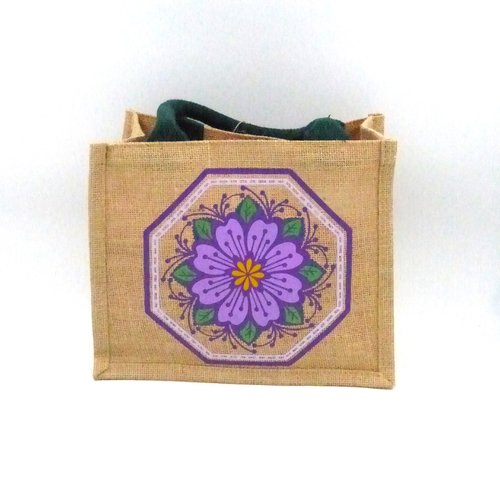 Petit sac en toile de jute thème fleurs dans les tons violets