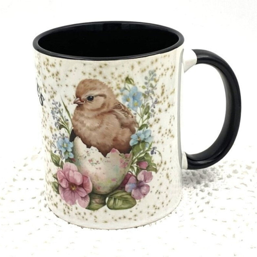 Mug joyeuses paques poussin en céramique intérieur et bord en couleur d'une capacité de 350 ml