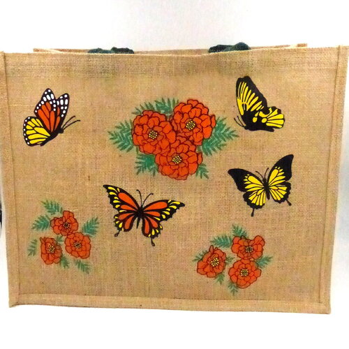 Sac en jute fleurs et papillon grand modèle anses vertes.