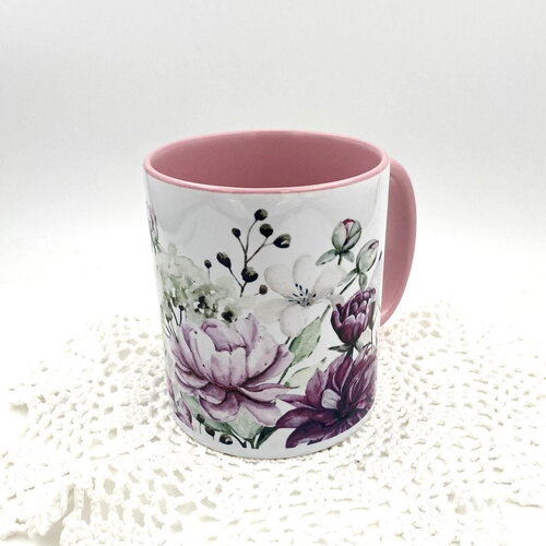 Mug fleurs de pivoine en céramique intérieur et bord en couleur d'une capacité de 350 ml