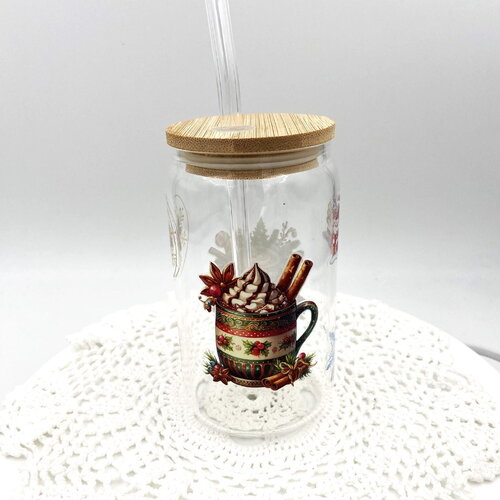 Tasse noel chocolat chaud en verre avec paille décorée de motif de noël d'une capacité de 13 oz