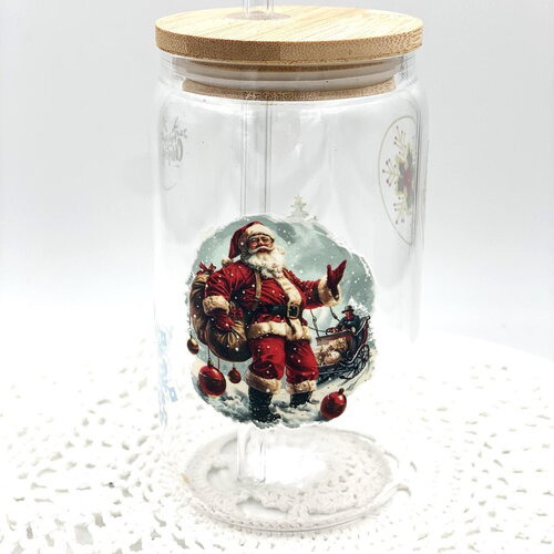 Tasse noel pere noel et train en verre avec paille décorée de motif de noël d'une capacité de 13 oz