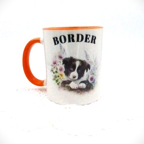 Mug chien race border collie en céramique intérieur et bord en couleur d'une capacité de 350 ml