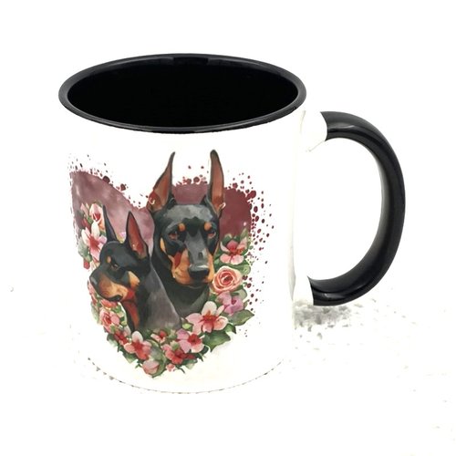 Mug chien race doberman en céramique intérieur et bord en couleur d'une capacité de 350 ml