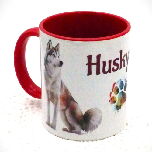 Mug chien race husky en céramique intérieur et bord en couleur d'une capacité de 350 ml
