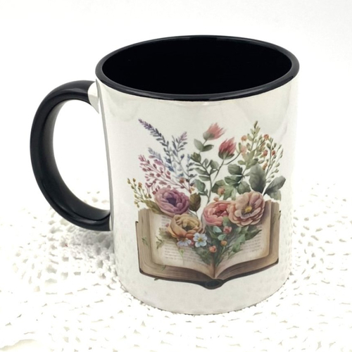 Mug livre et fleurs céramique intérieur et bord en couleur d'une capacité de 350 ml