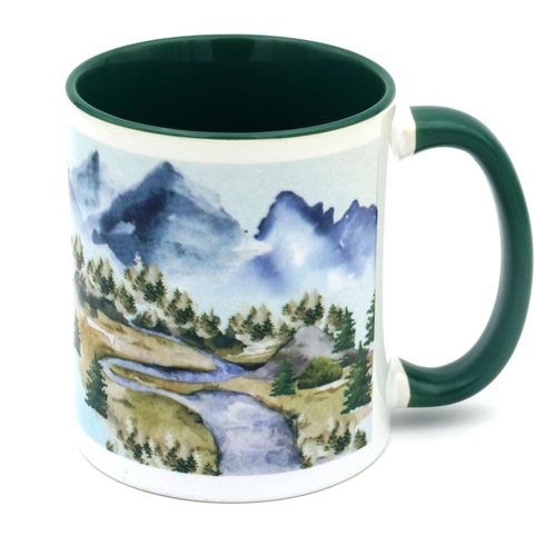 Mug riviere dans la montagne en céramique intérieur et bord en couleur d'une capacité de 350 ml
