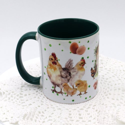 Mug poules et coq en céramique intérieur et bord en couleur d'une capacité de 350 ml