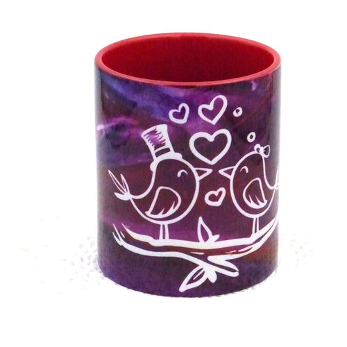 Mug saint valentin couple oiseaux sur une branche en céramique intérieur et bord en couleur d'une capacité de 350 ml