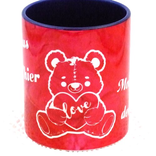 Mug saint valentin ours en peluche love en céramique intérieur et bord en couleur d'une capacité de 350 ml