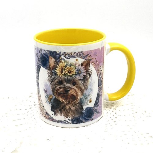 Mug chien race  yorkshire en céramique intérieur et bord en couleur d'une capacité de 350 ml