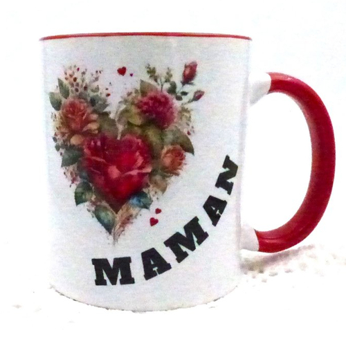 Mug fete des meres coeur de roses en céramique intérieur et bord en couleur d'une capacité de 350 ml