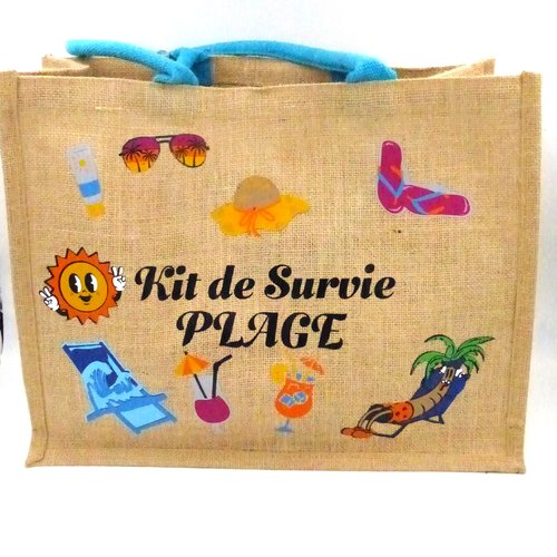 Sac en jute plage grand modèle anses bleues turquoises. le sac de plage par excellence décoré sur le thème du soleil.