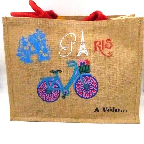 Sac en jute paris à velo grand modèle anses rouges. motifs colorés aux accents parisiens pour les amoureux de la capitale.