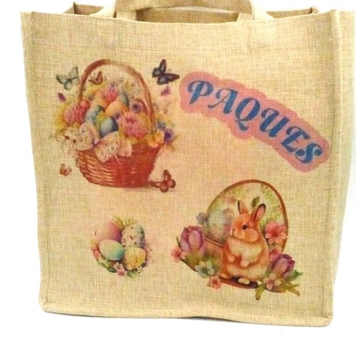 Sac shopping tissu imitation chanvre revêtu de décors de paques