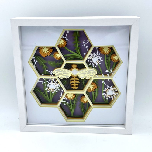 Boite lumineuse abeille dans cadre en bois blanc