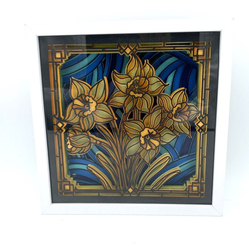 Boite lumineuse jonquilles dans cadre en bois blanc