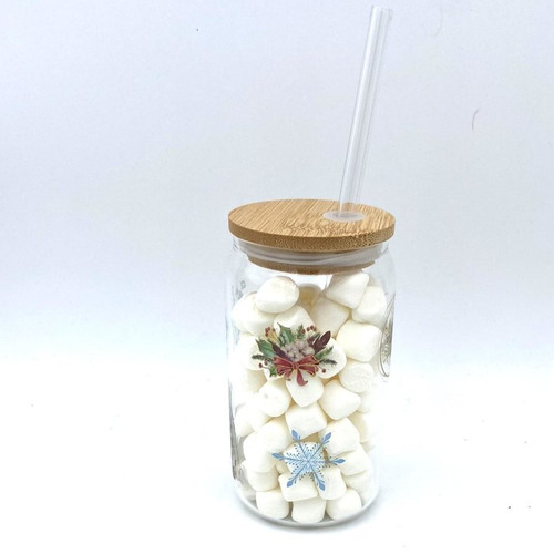 Tasse noel  en verre avec paille décorée de motif de noël d'une capacité de 13 oz