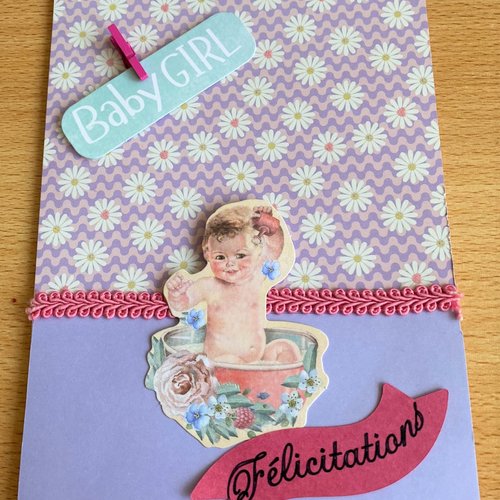 Carte de felicitations pour une naissance rose/mauve avec enveloppe
