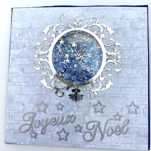 Carte de noel simple avec shaker et enveloppe assortie - modèle bleu cheminee