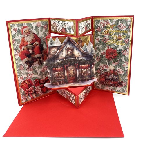 Carte de noel double avec pop-up et image 3d rouge et dorée avec enveloppe rouge